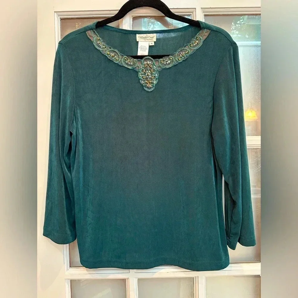 Vintage Coldwater Creek Y2K Dark Teal Beaded Sequin Fairy Chic Blouse Top Size M